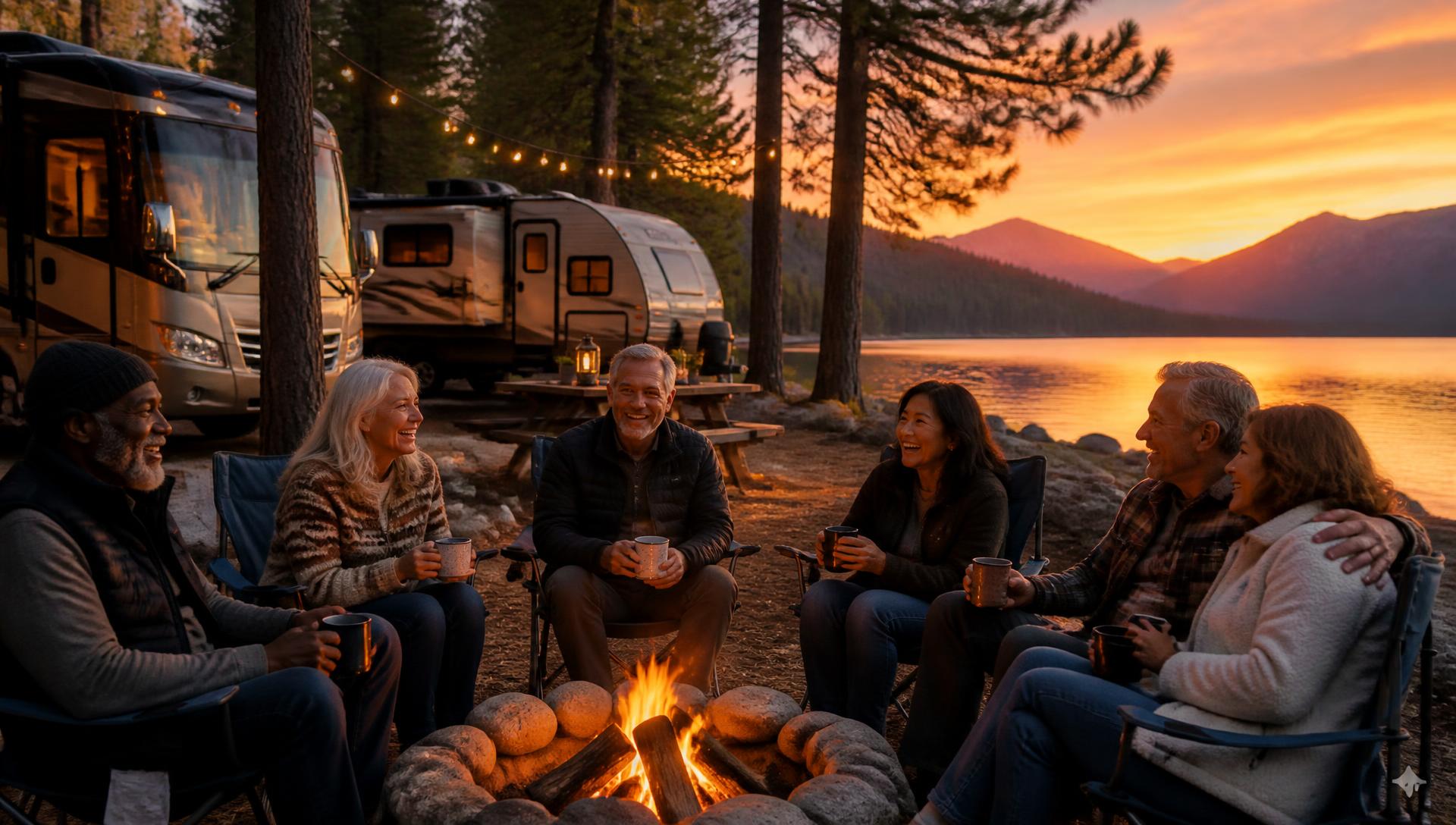 A diverse group of RVers laughing together around a campfire at sunset, with modern RVs at a lakeside mountain campground